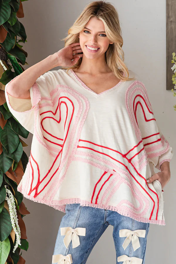 WASHED CONNECTIVE HEARTS V NECK TOP-Cream