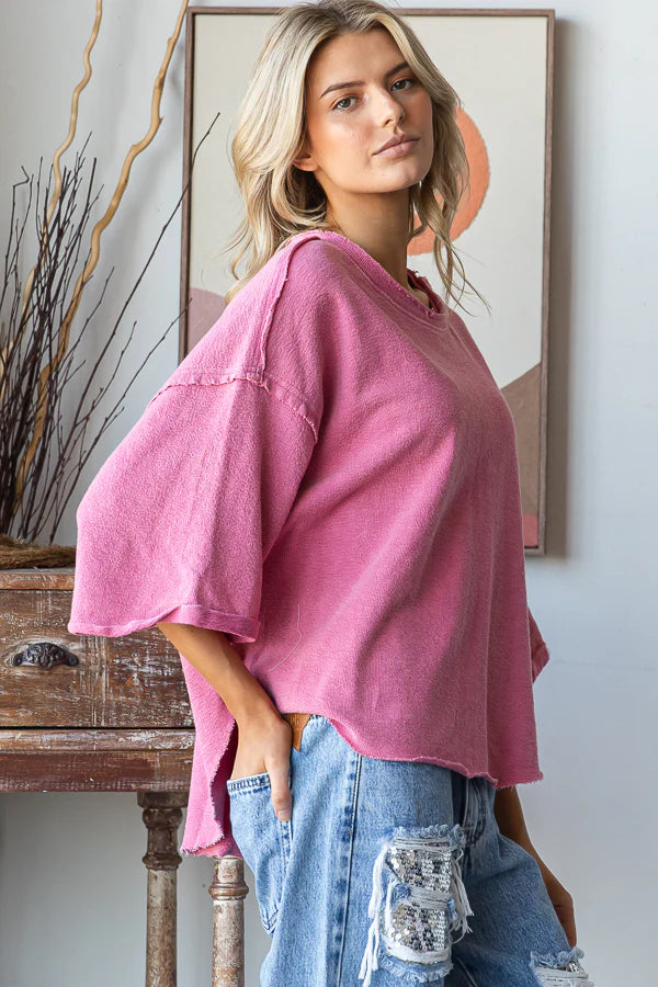 WASHED DROP SHOULDER RELAXED CROPPED TOP-Pink