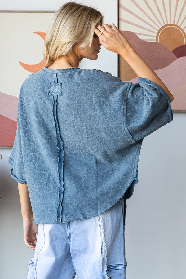 WASHED DROP SHOULDER RELAXED CROPPED TOP-Blue