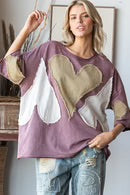 WASHED HEART PATCHWORK SHORT SLEEVE OVERSIZE TEE-DK Lilac