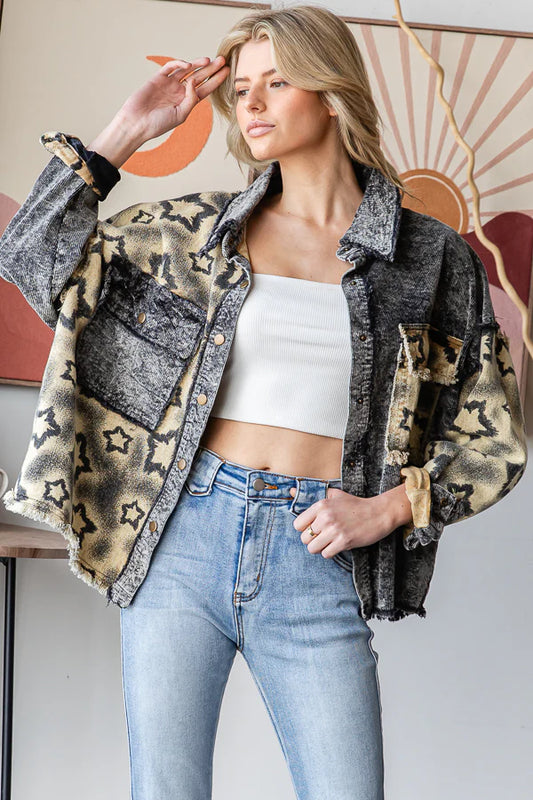 Idina WASHED STAR PRINT CORDUROY MIX JACKET-Black