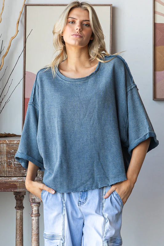 WASHED DROP SHOULDER RELAXED CROPPED TOP-Blue
