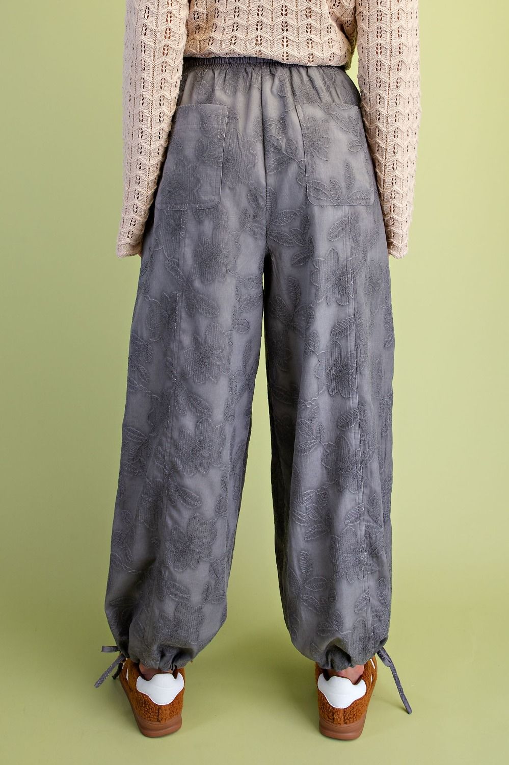 EMBROIDERY WASHED WOVEN PANTS-ASH