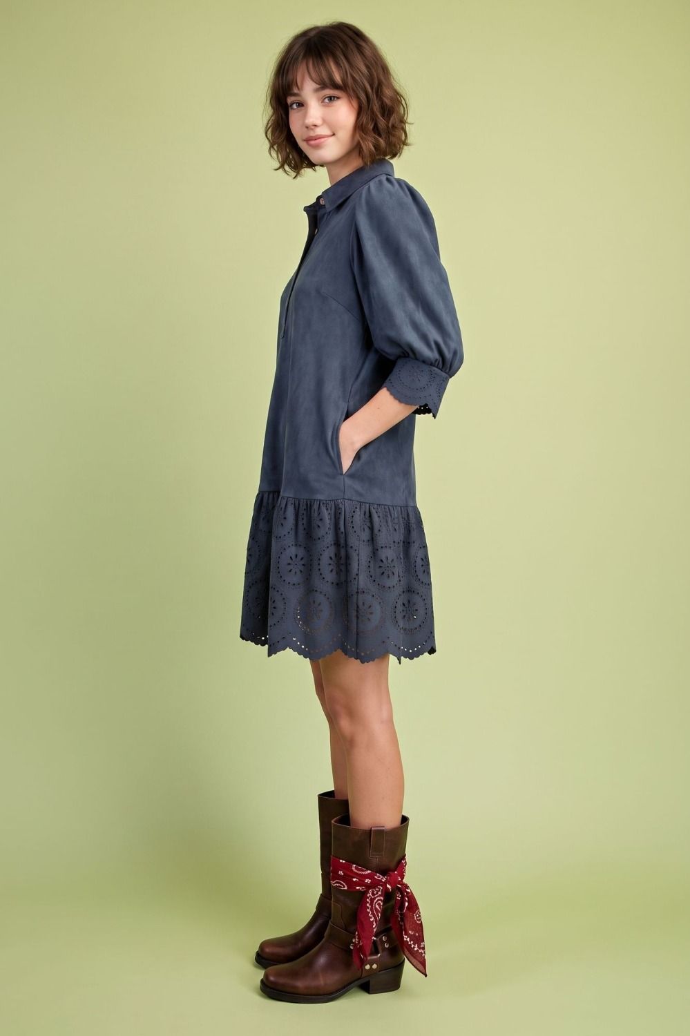 Della RUFFLE BOTTOM SUEDE DRESS-Navy