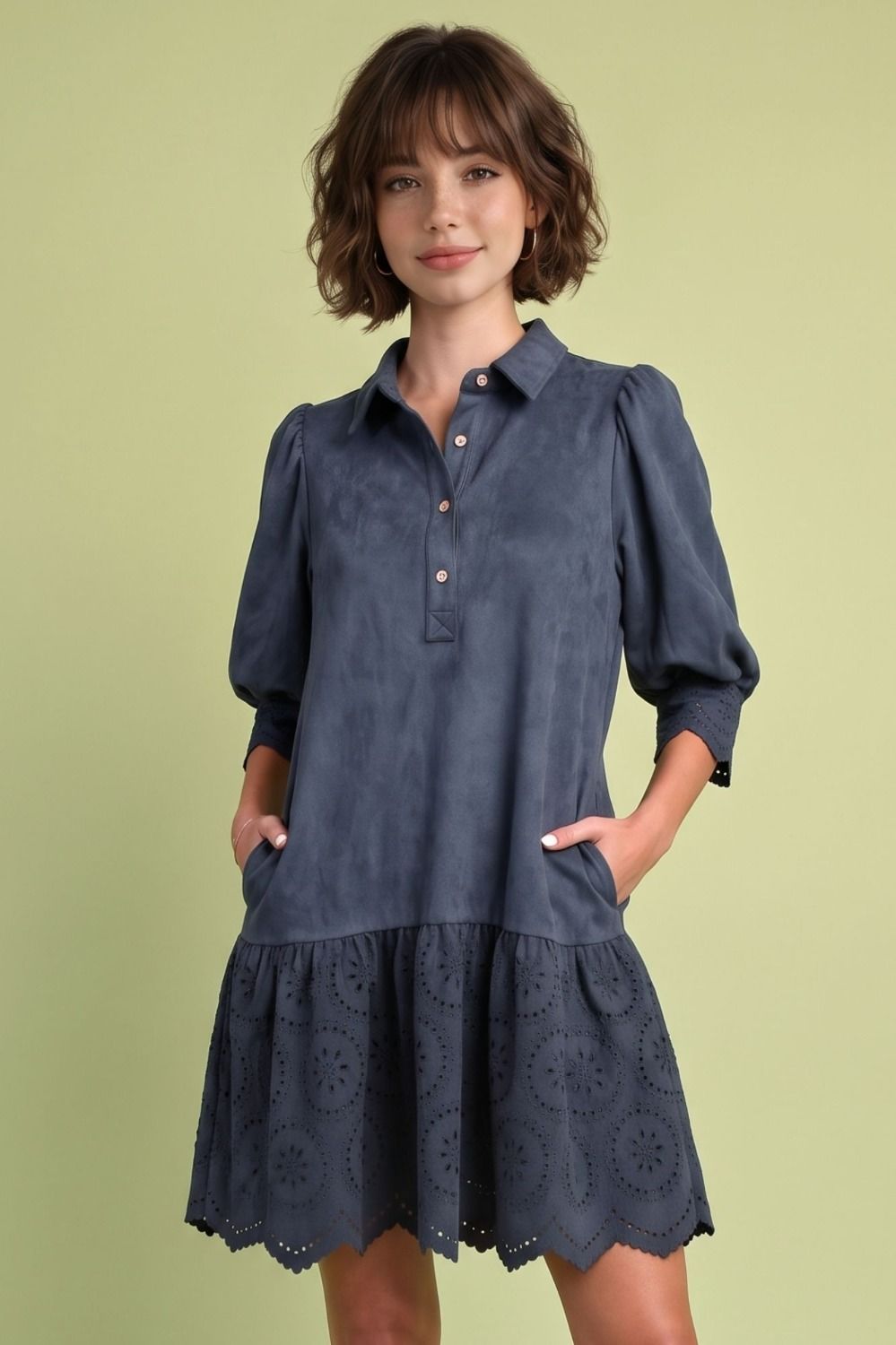 Della RUFFLE BOTTOM SUEDE DRESS-Navy